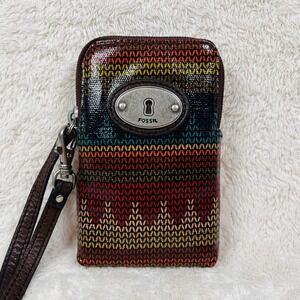 FOSSIL Keyper Wristlet Wallet Top Zip Closure Coated Canvas Pouch Striped